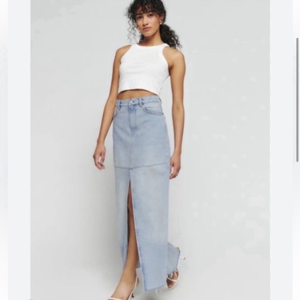 Reformation Denim Maxi Skirt with front slit (light wash denim)
